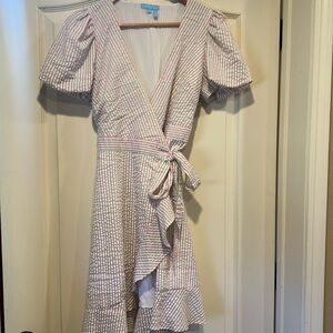 Draper James Pink & Green Striped Seersucker Wrap Dress w/Puff Sleeve & Ruffles